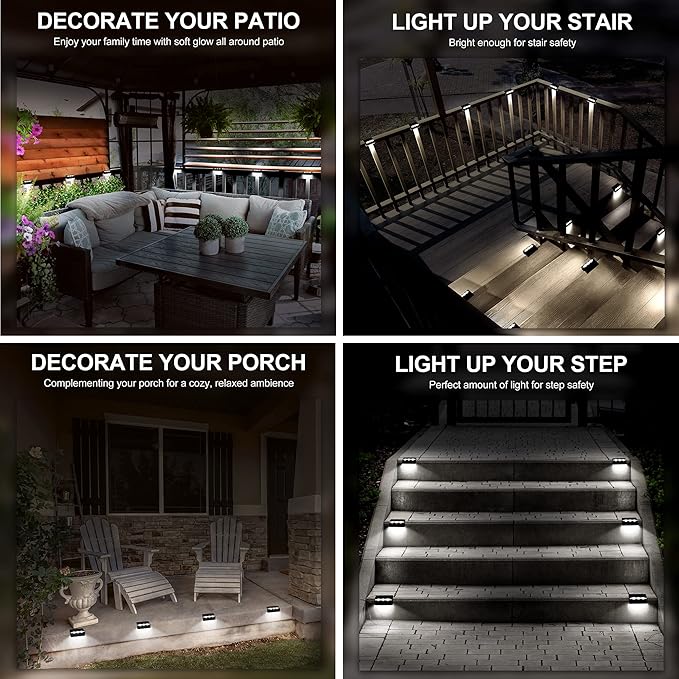 SOLPEX Solar Fence Lights, 6 LEDs Solar Lights Outdoor Waterproof Solar Powered for Deck, Stair, Front Porch, Balcony, Walkway, Garden, Yard, Patio, Pool Decor, IP65 Waterproof (4 Pack, Cold White)