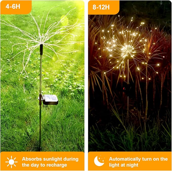 solar fireworks lights for outside, 150LED 8 Modes Fireworks Solar Lights Outdoor, Fairy Garden Flowers Lights for Yard Pathway wedding Party Christmas Diwali Garden Decor 4Pack (Warm White)