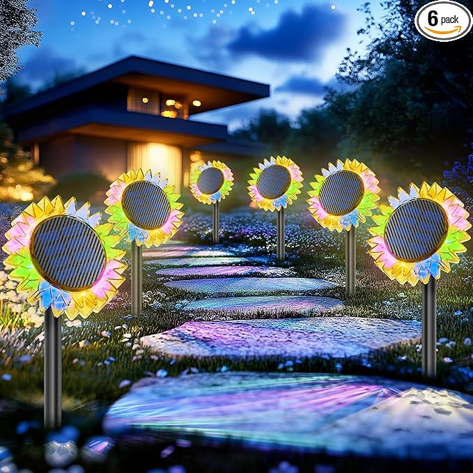 Solar Garden Lights - Upgraded Solar Sunflower Light, Ground/Wall 2 In 1, Solar Outdoor Lights Waterproof IP67,Garden Yard Patio Backyard Pathway Landscape Fence Wall Decoration, Multicolor(6 Pack)