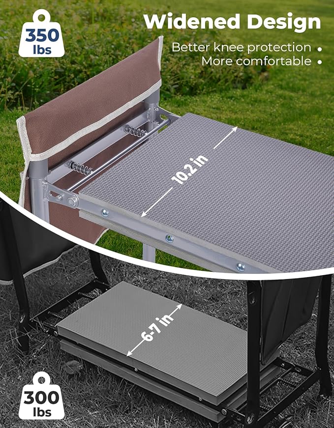 DEERFAMY Garden Stool 10.2" Width, Garden Kneeler and Seat Load Cap 350 lbs, Heavy Duty Gardening Stool with Extra Kneeling Pad, 2 Tool Pouches, Claw Gloves, Gift for Women Seniors, Brown