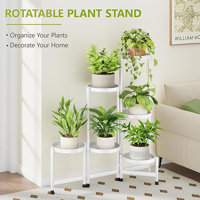 6 Tier Metal Plant Stand Indoor, Rotatable Corner Plant Shelf Outdoor, Tiered Flower Pot Display Stand, Black Multiple Plants Holder for Patio Living Room Balcony Garden Home Decor - White