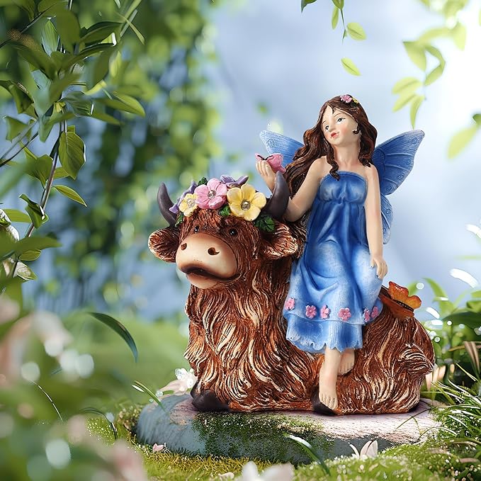 Solar Angel Garden Statue - Garden Fairy Sitting on a Highland Cow with Flowers, Butterflies and 5 LED Lights - Decorate Table, Terrace, Lawn, Birthdays, Grandma, mom