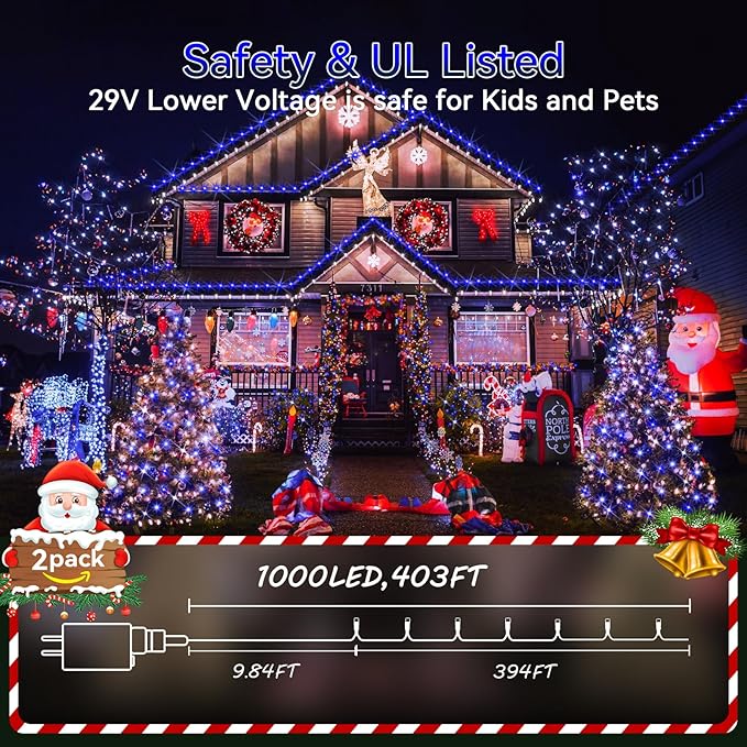 Hezbjiti 2 Pack 1000 LED 403 FT Christmas String Lights Outdoor, 8 Lighting Modes IP44 Waterproof Fairy Lights with Timer and Dimmable Function for Party Tree Decorations (Blue, Clear Wire)