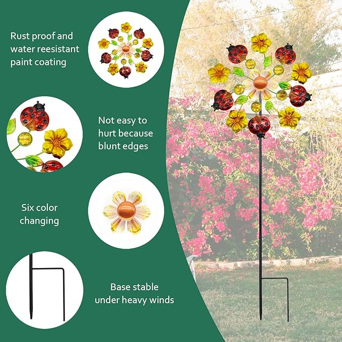 Solar Wind Spinners Outdoorsfor Yard and Garden - 40 Inch Metal Wind Sculpture, Outdoor Kinetic Windmill with Multi-Color Led Lights for Patio, Lawn & Garden Decoration (Beetle)