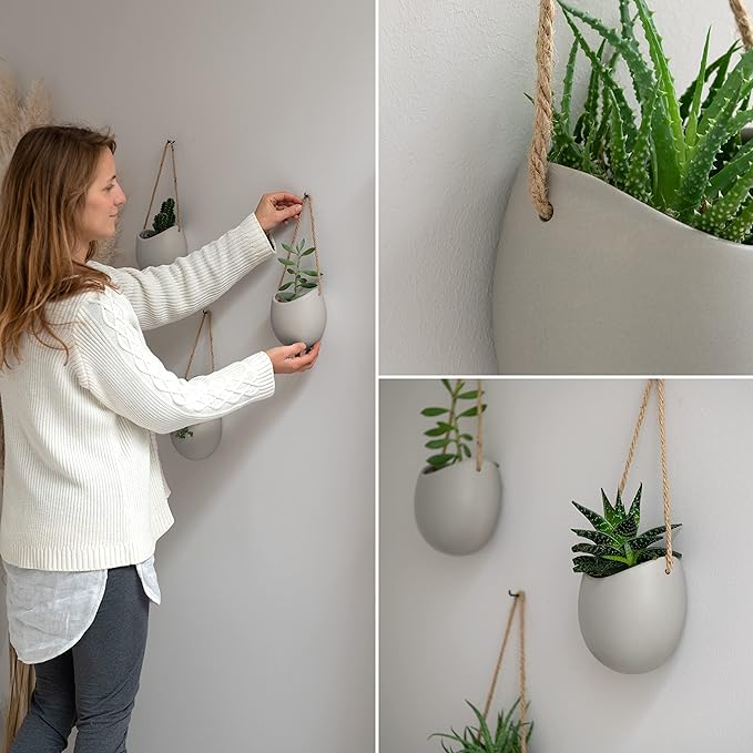 Wall Planters -Ellie- | Hanging Ceramic Plant Pots 3 Pieces | Wall Decoration for Indoors, Balcony and Garden | Light Grey (Matte)