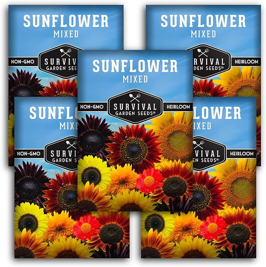 Survival Garden Seeds - Mix of Popular Sunflower Seeds for Planting - 5 Packs with Instructions to Grow Beautiful Flowers in Your Home Vegetable or Flower Garden - Non-GMO Heirloom Varieties