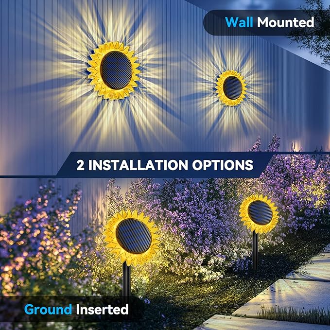 Solar Garden Lights - Upgraded Solar Sunflower Light, Ground/Wall 2 In 1, Solar Outdoor Lights Waterproof IP67,Garden Yard Patio Backyard Pathway Landscape Fence Wall Decoration, Warm White(4 Pack)