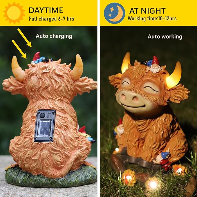 Solar Garden Statue Highland Cow Figurine with Funny Gnomes Garden Outdoor Decor for Yard Patio Lawn Christmas Housewarming Gifts for Women,Mom,Grandma
