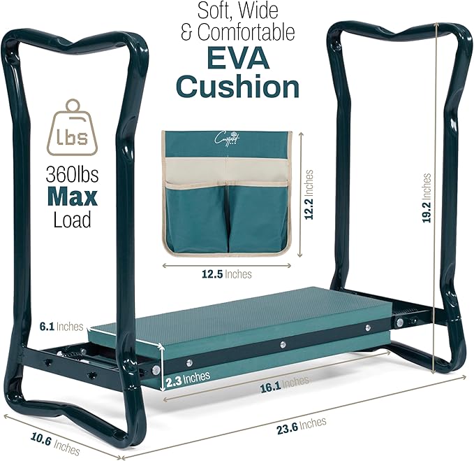 Garden Seat and Kneeler - Portable EVS Cushion Gardening Kneeling Pad 2X Gloves 1x Pouch - Soft, Wide, Comfortable and Heavy Duty Gardening Stool, Gardening Gifts for Parents and Loved Ones