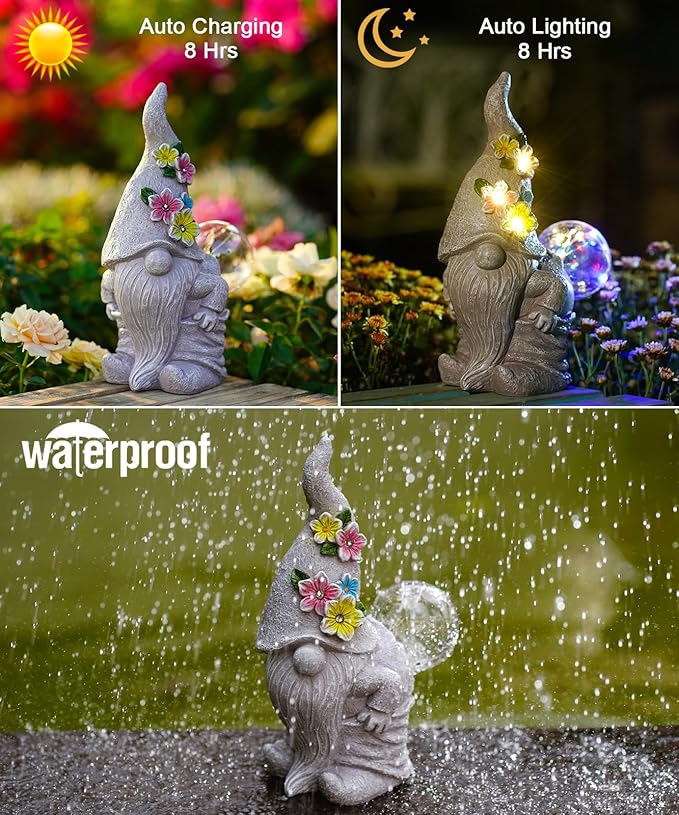 Nacome Solar Funny Gnome Statue for Garden: Outside Decor with Blow Bubbles Ball Lights Clearance for Yard Art Lawn Ornaments Porch Patio Balcony - Birthday Gifts for Grandma Mom Women