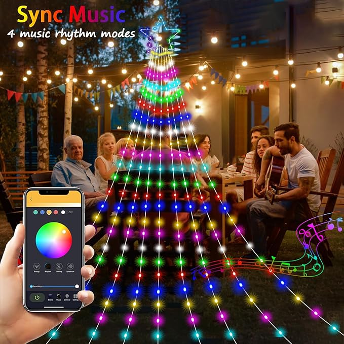 Outdoor Christmas Decorations Lights, 344 LEDs Color Changing Smart Waterfall Christmas Tree Lights with Remote & Sync Music, LED String Lights Outdoor Waterproof for Party Wedding Xmas Decor (12FT)
