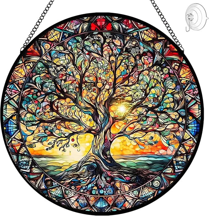 Tree of Life Suncatcher Stained Glass Window Hanging - 8″ Handmade Sun Catchers Indoor Window Valentines Day Decorations with Hooks and Chain - Wall Art Home Decor Panel Gifts for Women Men Mom Dad