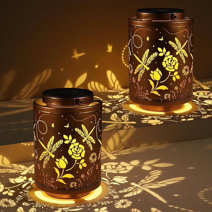 2 Pack Solar Lanterns Garden Decor Birthday Gifts for Women Mon Grandma Metal Hanging Solar Lights Waterproof Outdoor Decoration for Outside LED Lanterns for Yard Patio Lawn(Dragonfly)