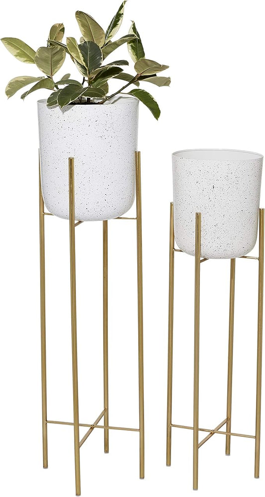 Deco 79 Metal Indoor Outdoor Planter Deep Recessed Dome Speckled Large Planter Pot with Removable Stand, Set of 2 Planters 39", 46"H, White