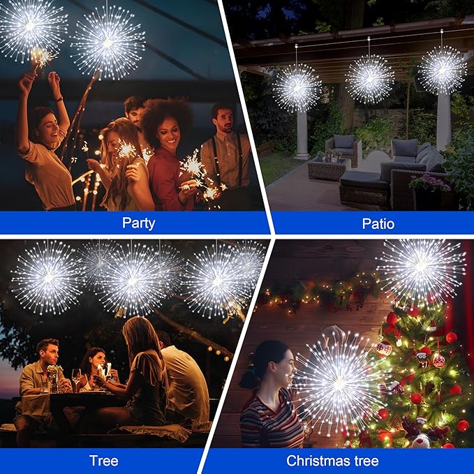 Solar Firework Lights Outdoor, 600 LED Starburst Light Outdoor with USB Rechargerable, 8 Modes Waterproof Solar Hanging Lights for Gazebo Yard Party Wedding Decorations(White, 600 LED)