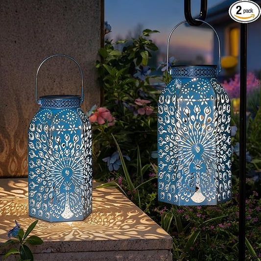 Outdoor Solar Lanterns Waterproof Peacock Garden Gifts Women Mom, Big Solar Lights, Garden Decor, Yard Art, Outside, Patio Ornaments, Birthday, Mothers' Day Birthday Gifts (2Pack, Blue Gold