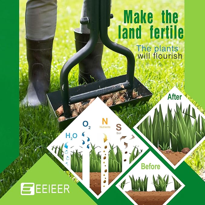 EEIEER Lawn Coring Aerator Tool, Upgarded Manual Lawn Aerators with Soil Storage Basket, 3 Core Tines Plug Aerator with Cleaning Tool, Yard Aeration Tool for Compacted Soil & Lawn Care