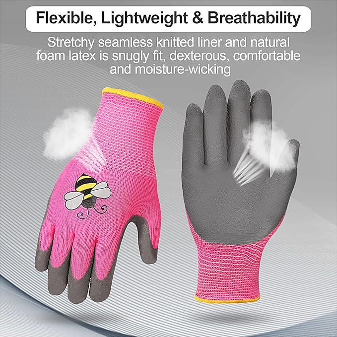 6 Pairs Kids Gardening Gloves Yard Work Gloves Children Soft Safety Rubber Coated Gloves for Toddlers Youth Girls Boys Children (Small (Age 3-5))