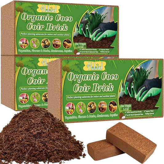 Halatool 3PCS Organic Coconut Coir Bricks Compressed Coco Coir Brick Nutrient Garden Soil with Low EC & pH Balance Premium Starting Soil Coconut Fiber Substrate for Plants Flowers Reptiles