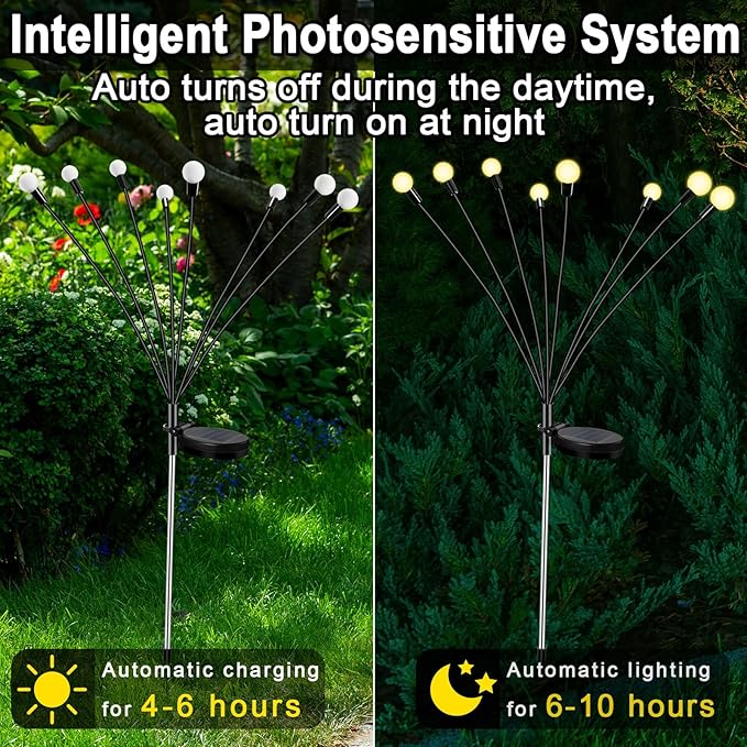 4Pack 32LED Spring Solar Swaying Lights Outdoor Solar Powered Firefly Lights Garden Decor Waterproof Pathway Light Sway by Wind Landscape Lights Warm Yellow for Pathway Lawn Patio Courtyard Decor