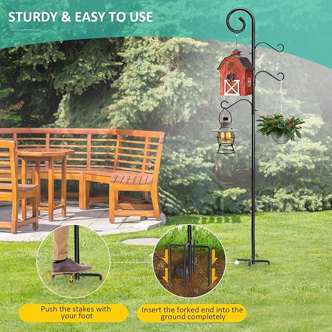 108 Inch Shepherds Hooks for Outdoor 2 Pack, Bird Feeder Poles with 4 Hooks, Shepherds Hook for Bird Feeders Outside with Base, Garden Pole for Hanging Plant Baskets, Weddings Decor (108 Inch)