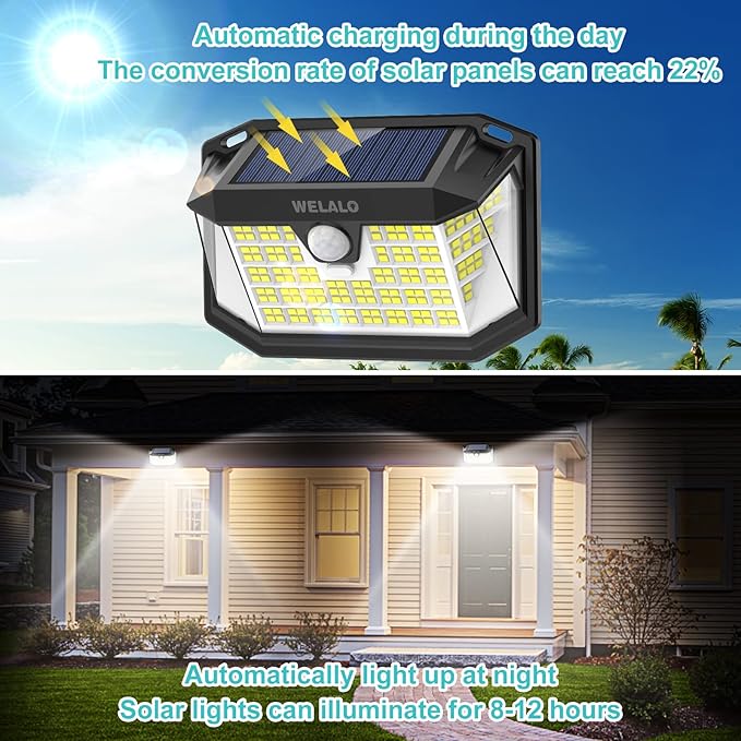 Solar Motion Sensor Lights Outdoor, [3 Modes/4 Pack/188 LED] 270° Wide Angle Lighting,Security Solar Powered Wall Lights, IP65 Waterproof Flood Lights for Fence Porch Yard Patio(Black)