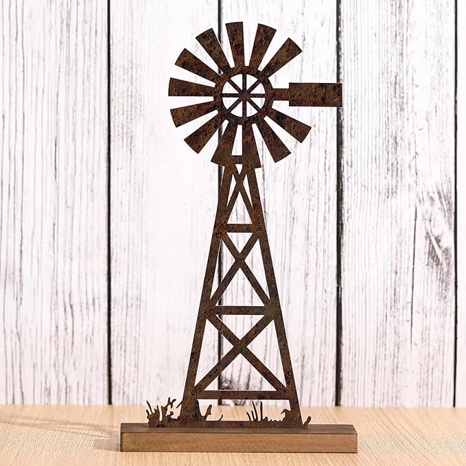Tandefio Farmhouse Windmill Table Top Decor 11.8 Inch Metal Rusted Vintage Desk and Shelf, Decorative Farmhouse Kitchen Rustic Windmill Decor Rustic Home Decorations