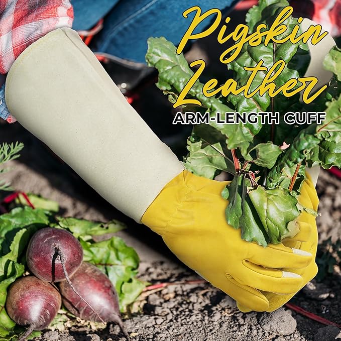 HANDLANDY Rose Pruning Gloves for Men & Women, Thorn Proof Long Garden Gloves, Gardening Gifts for Gardeners (Yellow- goatskin, Large (Pack of 1))