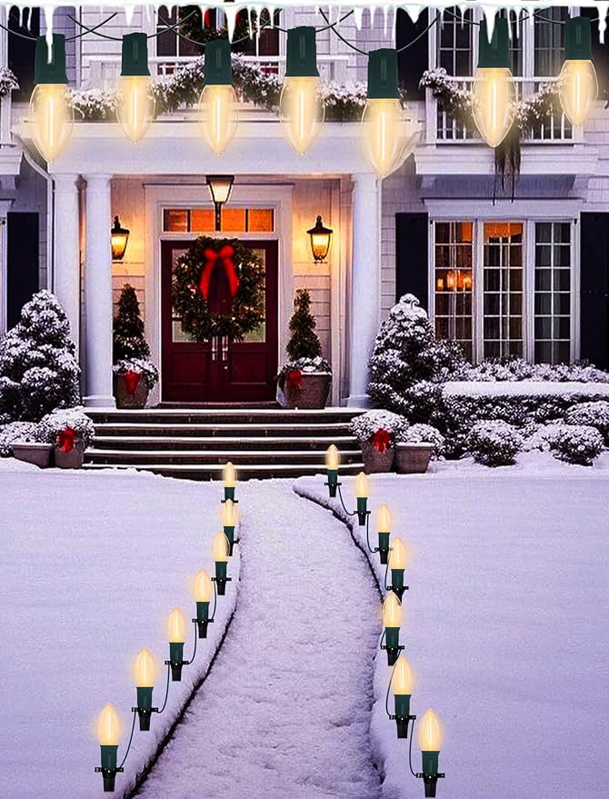 38Ft C9 LED Christmas Pathway Lights Outdoor, 25 C9 LED Warm White Christmas Pathway Stakes Lights Waterproof, Outdoor Christmas Walkway Lights for Yard Lawn Sidewalk Driveway Christmas Decorations
