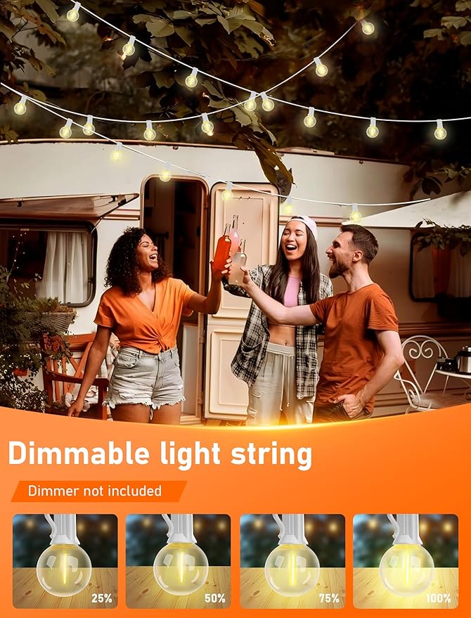 Outdoor LED String Lights 50ft - G40 Edison Bulbs with Clear Plastic Globes, Dimmable Waterproof Commercial Grade Fairy Lights for Wedding/Backyard/Cafe, Indoor Outdoor Party Decoration (Warm White)