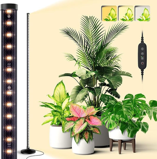 Standing Grow Lights for Indoor Plants,T10 Full Spectrum Vertical Grow Light Wide Illumination Area,16in-65in Adjustable Height Plant Light with Stand,3 Light Modes Floor Grow Light with Timer