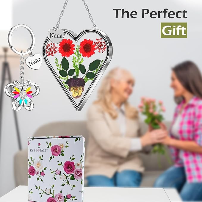 KY&BOSAM Heart Suncatcher Nana Gift for Nana Stain Glass Wind Chime for Window Pressed Flower Between Heart Glass Metal Engraved Charm Gift for Mother's Day Valentine's Birthday Thanksgiving Christmas