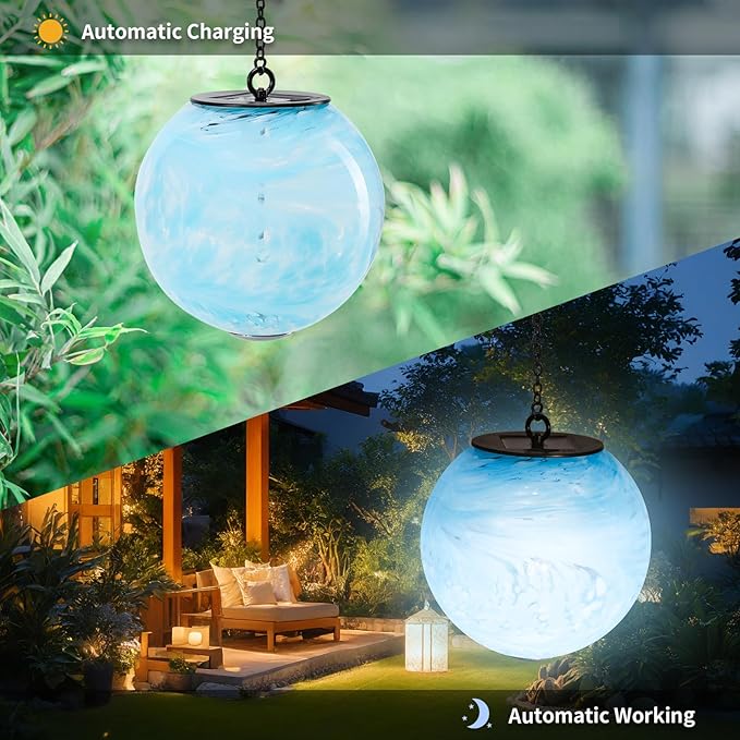 VCUTEKA Solar Chandelier Outdoor, Hanging Glass Solar Light with Hook Up, Garden Lanterns Decor for Yard, Tree and Patio, Blue