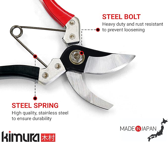 Kimura® 8" Samurai Garden Pruning Shears, [Made in Japan], Heavy Duty Premium Japanese Yasugi Steel Blades, Non-Slip Vinyl Coated Handles, Ergonomic, Japanese Bypass Pruning Shears