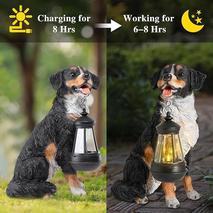 Afirst Dog Garden Statue - Outdoor Decor with Solar Lantern Lovely Bernese Mountain Dog Figurine Patio Lawn Yard Art Ornaments Housewarming Gift