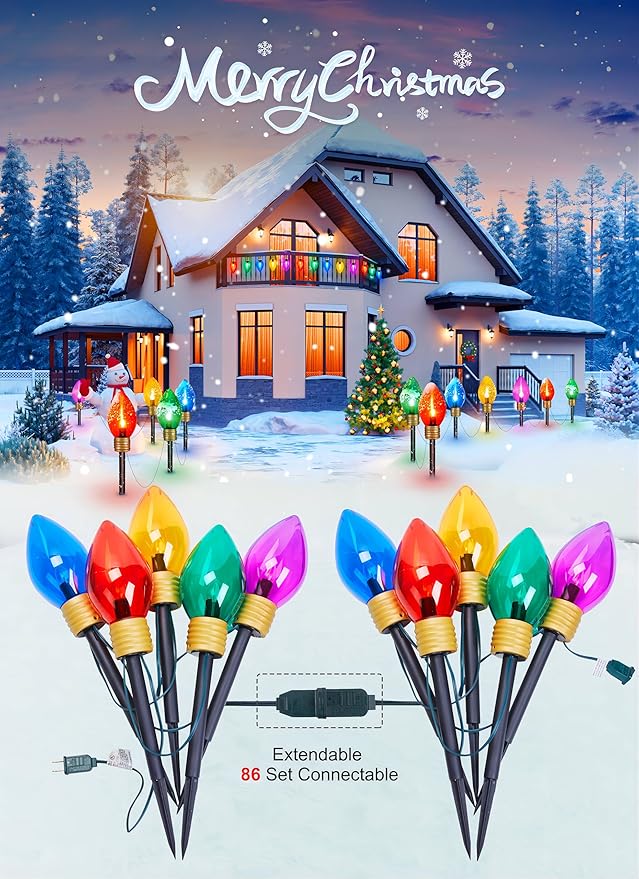 Jumbo C9 Christmas Pathway Lights Outdoor - 2 Pack Total 17 Feet 10 LED C9 Walkway Lights, Multicolor Jumbo Lights Christmas Bulb Lights Outdoor Decorations for Lawn Holiday Outside Yard Garden