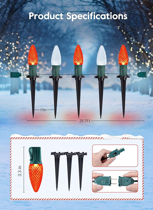 Brightown Strawberry C9 Christmas Pathway String Lights, 25.7 Feet C9 Walkway Lights with 20 Clear Bulbs and Stakes, Connectable Christmas Lights Outdoor Decoration for Outside Lawn, Red & Pure White