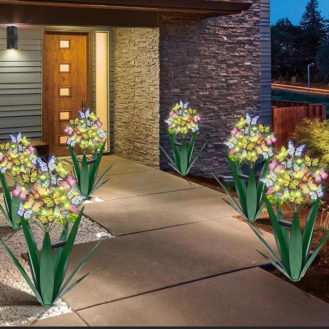 Homight Solar Metal Agave Butterfly Flower Stick Garden Sculpture - Outdoor Christmas Lights With Swaying Butterfly Sunflower - Solar Outdoor Gift (3 PCS Green)