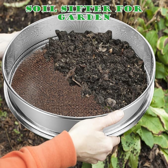 2 Pack Soil Sifter for Gardening 12 Inch Sand Soil Compost Sifter 304 Stainless Steel Mesh Screen Dirt Sifter for Garden Sand Rocks Dirt Compost, 1/8 Inch Mesh