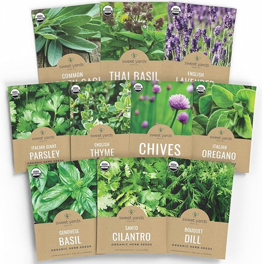 Organic Herb Seeds Variety Pack - 10 Individual Packs - 2025 Season - Basil, Cilantro, Dill, Thyme, Parsley and More! for Indoor & Outdoor Planting (Non-GMO, Certified Organic)