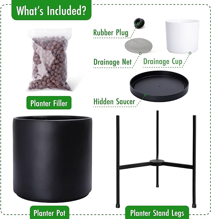 D'vine Dev Mid Century Plants Pot Cylinder Planter with Heavy Duty Stand, XX-Large 16 Inch Pot, 22.8 Inch with Stand Height, Black, 96-T-B-5
