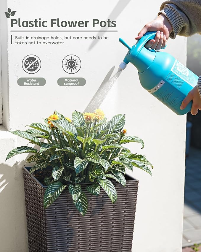 Greesum Large Tall Planter for Outdoors Plants, Set of 2, 32" Tall Plastic Flower Pots, Tapered Porch Planter with Drainage Holes for Patio, Backyard, Brown