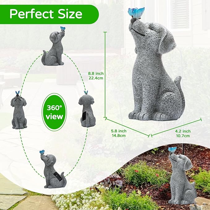 Solar Garden Outdoor Statues Dog with Butterfly Lights, Lawn Decor Puppy Figurine for Patio Balcony Yard, Yard Unique Christmas Birthdays Gift for Mom Grandma