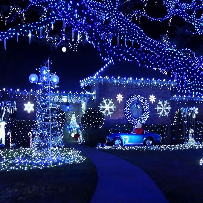 FUNPENY 164FT 500 LED Hanukkah String Lights, 8 Modes Waterproof Plug in Indoor Outdoor Green Wire Light for Jewish Judaism Passover Rosh Christmas Party Decor, Blue & White