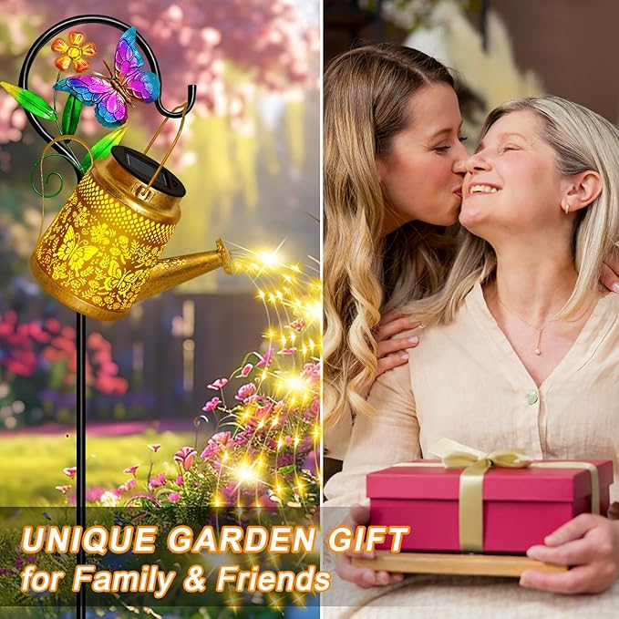 Solar Watering Can Lights Outdoor Garden Decor, Large Butterfly Hanging Lantern with Shepherd Hook, Waterproof Garden Lights for Outdoor Landscape Pathway Yard, Gift for Mom Grandma
