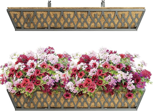 Window Boxes Planters: 2 Pack 30 Inch Railing Planter Box with Adjustable Brackets for Porch Fence Patio Balcony Hanging Flower Baskets with Coco Liners for Outdoor Garden Decor - Grey