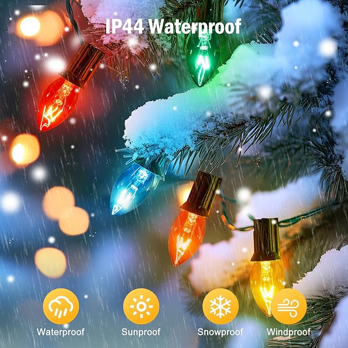 C7 Multicolor Christmas String Lights - 100ft Vintage Christmas Tree Lights, Outdoor Roofline String Lights with 100+4 Spare Bulbs for Patio Garden Holiday Indoor Home Xmas Decoration, Green Wire