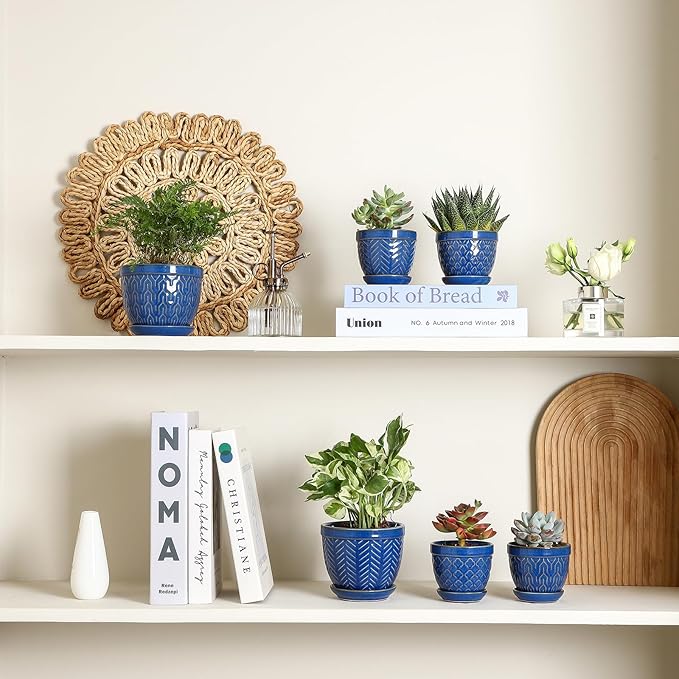 Sureasy Ceramic Plant Pots, 4.7 Inch Flower Pots for Indoor Plants, Succulent Pots with Saucer and Drainage Hole, Decorative Planter for Succulent, Cactus, Set of 4, Blue