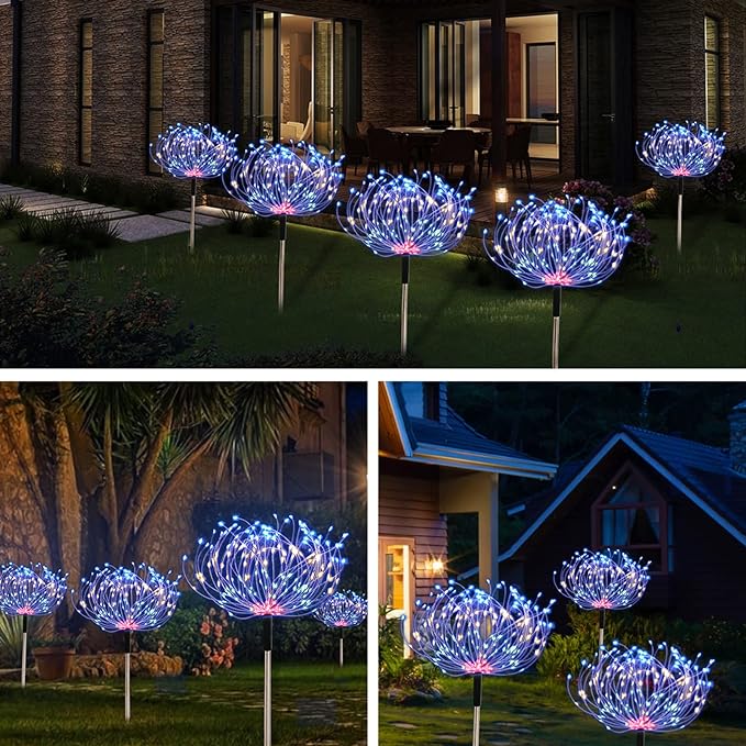 Fireworks Solar Lights Outdoor 4 Pack 480 LED Pathway Lights Solar Powered Starburst Fairy Lights Waterproof 8 Lighting Modes with Remote Control for Patio Christmas Yard Decorative(Multi-Colored)