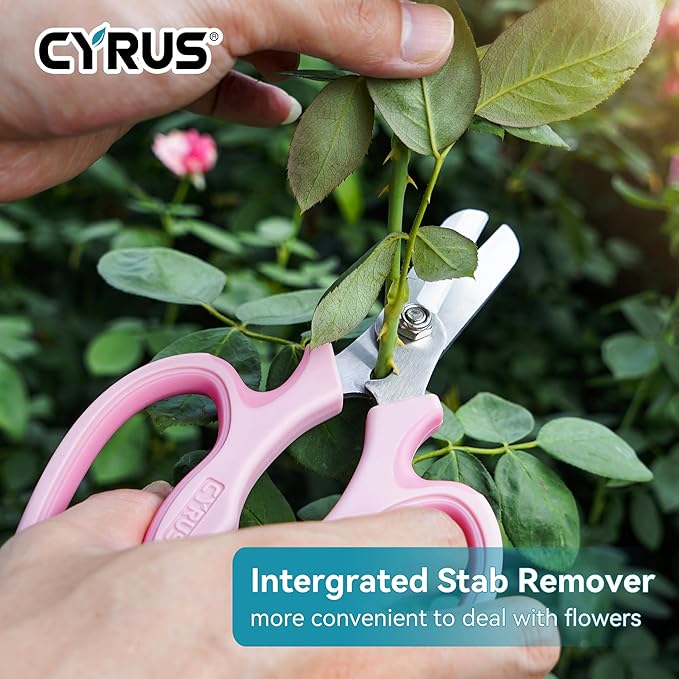 CYRUS Garden Shears Pruner Secateurs 7.5" Pruning Scissors with Integrated Stab Remover Flower Sharp Gardening hand tools Florist Bonsai Cutters Rose Snips Pink
